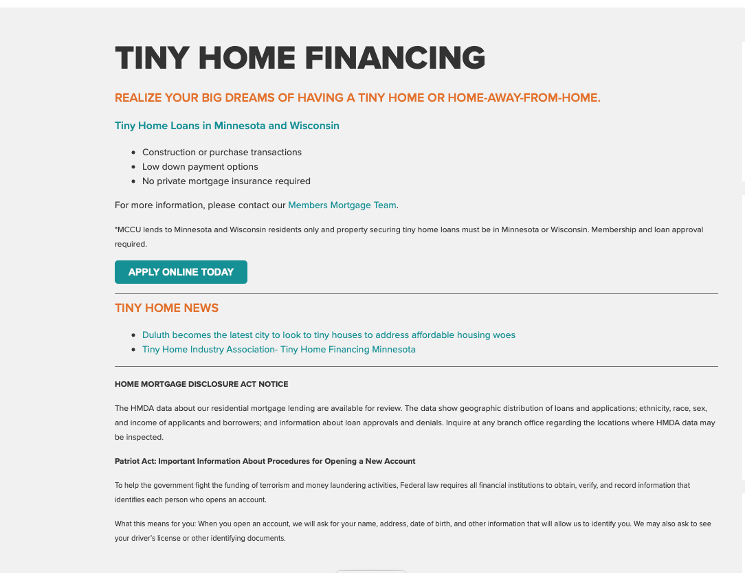Tiny Home Financing Minnesota Tiny Home Industry Association